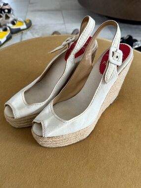 Vintage Christian Louboutin Espadrille Wedge Peep-Toe Slingback in Cream